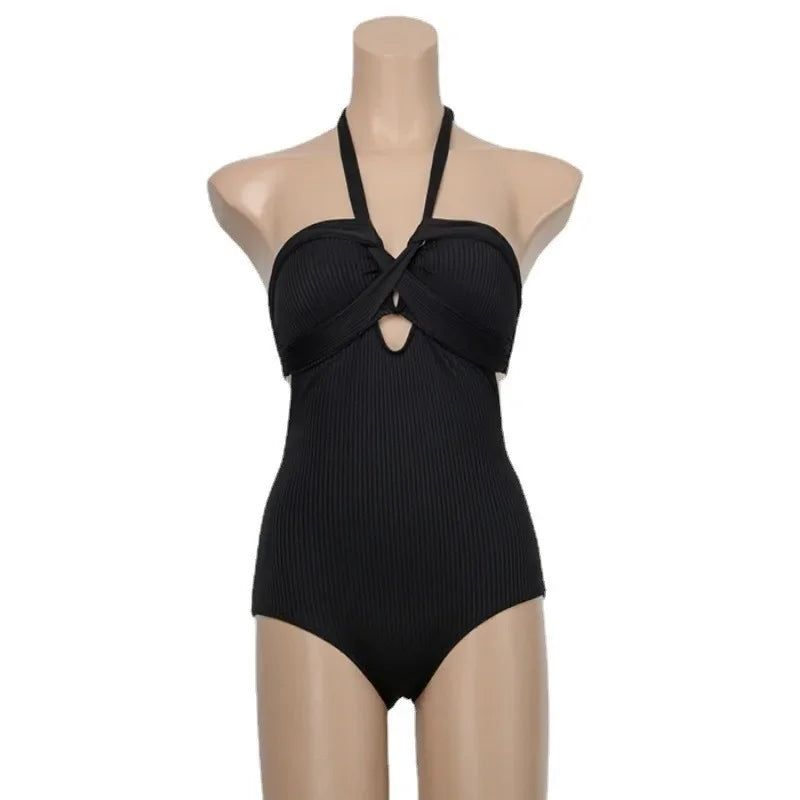 Traje de baño de una pieza para mujer, estilo coreano, amarillo, para playa, bandeau, sin espalda, monokini, acolchado, estilo halter, para piscina, 2024