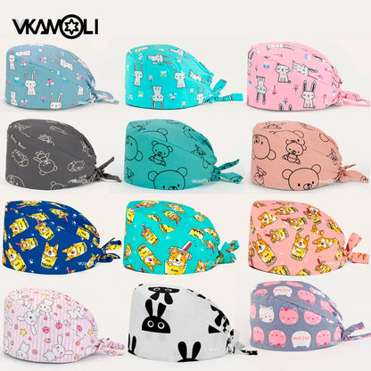 Gorro quirúrgico de algodón con estampado de dibujos animados multicolor para peluquería de mascotas, ajustable, para salón de belleza, enfermería, médico y enfermera.
