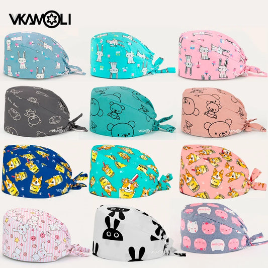 Gorro quirúrgico de algodón con estampado de dibujos animados multicolor para peluquería de mascotas, ajustable, para salón de belleza, enfermería, médico y enfermera.