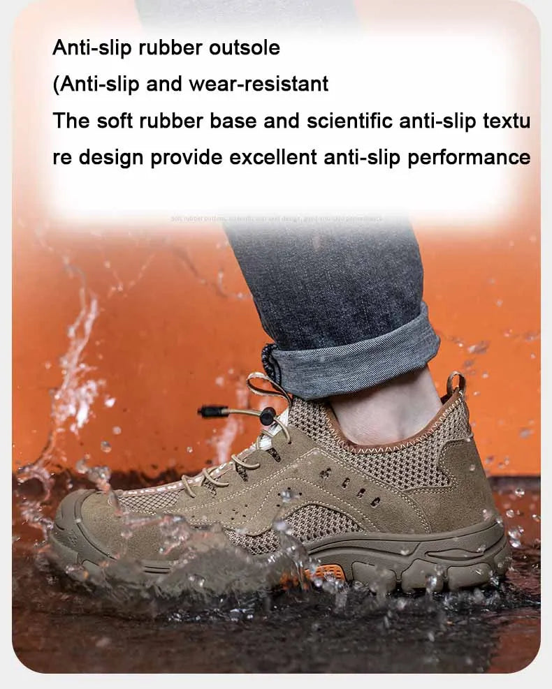 Zapatos de seguridad de piel de vaca, transpirables, para hombre, con puntera de acero, resistentes a impactos, botas de trabajo, indestructibles, zapatillas de trabajo modernas.