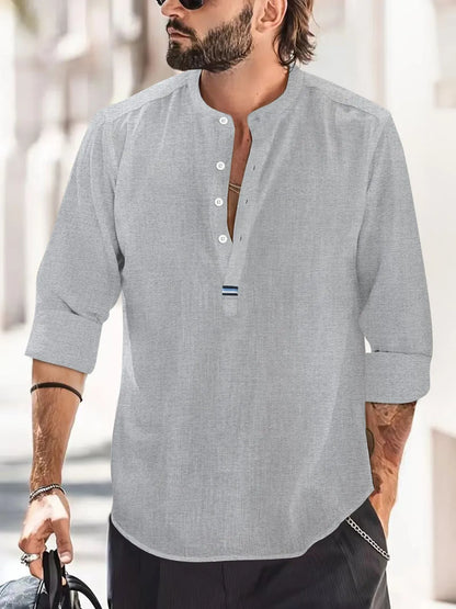 Camisas nuevas de algodón y lino para hombre, camisas casuales, de color liso, ligeras, de manga larga, estilo Henley, playeras, camisetas hawaianas para hombre.