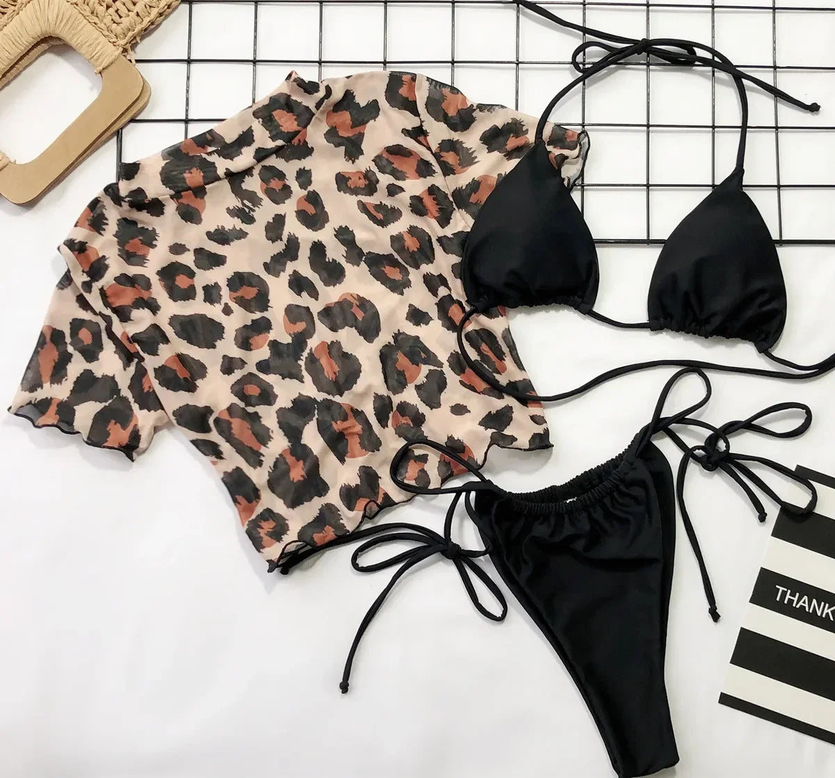 Conjunto de bikini sexy de 3 piezas para mujer, traje de baño de manga corta con estampado de leopardo, estilo tanga de playa 2024