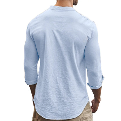 Camisas Henry para hombre, de algodón y lino, corte ajustado, informales, hawaianas, de color liso, estilo básico, para primavera y verano, transpirables.