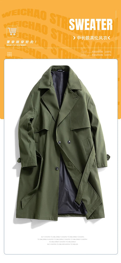 Gabardina larga de hombre, verde militar, corte ajustado, cruzada, con solapa de muesca, cortavientos, ideal para primavera y otoño, estilo casual para actividades al aire libre.