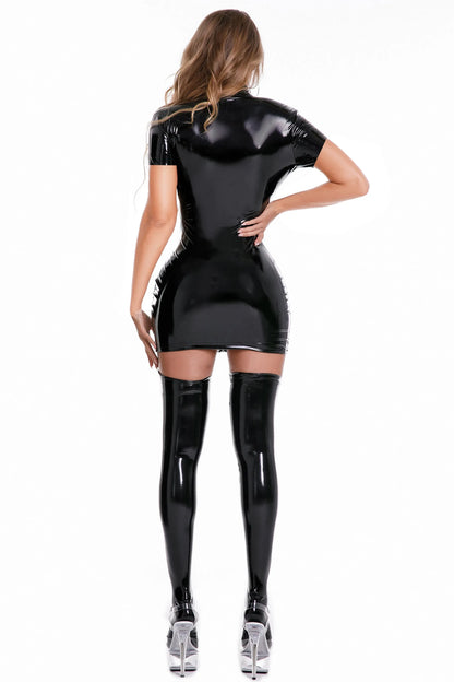 Women Sexy PVC Leather Dress with Stockings Gloves Shiny Latex Bag Hip Skirt Breast Exposing Porno Mini Dress