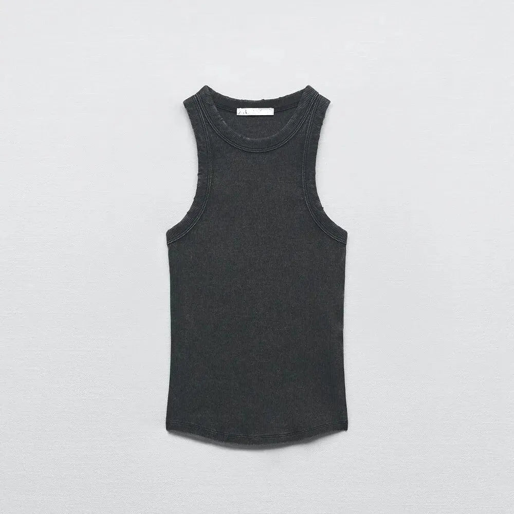 BMURHMZA - Camiseta sin mangas de trabajo retro sencilla con ribete lavado al agua para mujer
