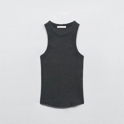BMURHMZA - Camiseta sin mangas de trabajo retro sencilla con ribete lavado al agua para mujer