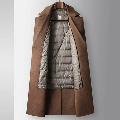 2025 Autumn/Winter New Men's 100% Wool Coat Knee length Double breasted Goose Down Inner Tank Thickened for Warmth