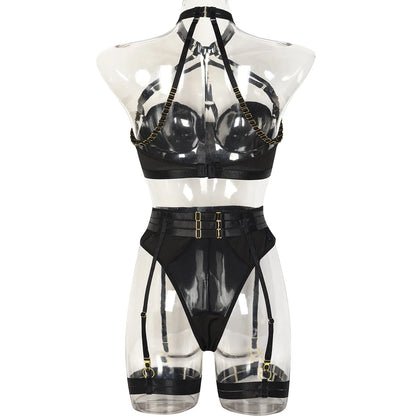 Conjunto de lencería sexy para mujer, con panel de encaje, escote en V profundo, glúteos abiertos, tirantes con forma de corazón de melocotón, cadena cruzada, liguero, ropa interior de tres piezas