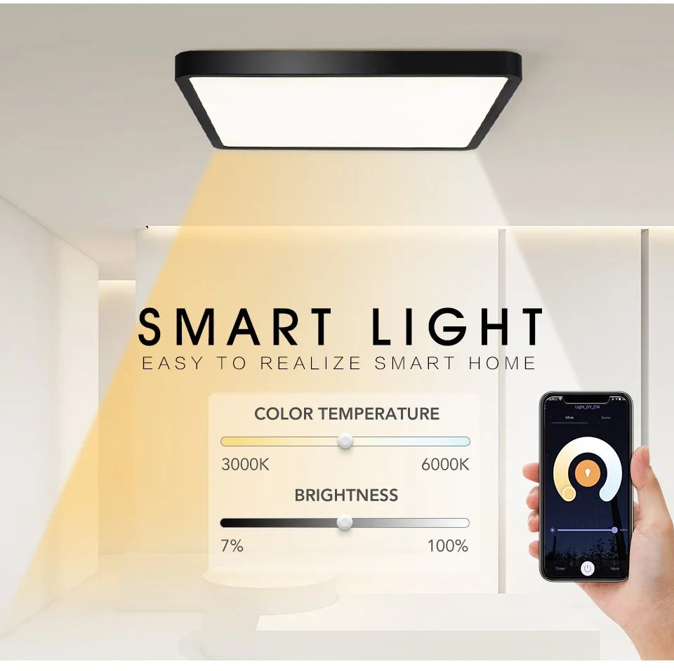 Lámpara de techo LED inteligente MARPOU Tuya con diseño de madera, control por voz mediante aplicación Alexa/Google y mando a distancia. Lámpara de techo cuadrada para salón.