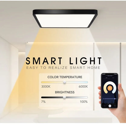 Lámpara de techo LED inteligente MARPOU Tuya con diseño de madera, control por voz mediante aplicación Alexa/Google y mando a distancia. Lámpara de techo cuadrada para salón.