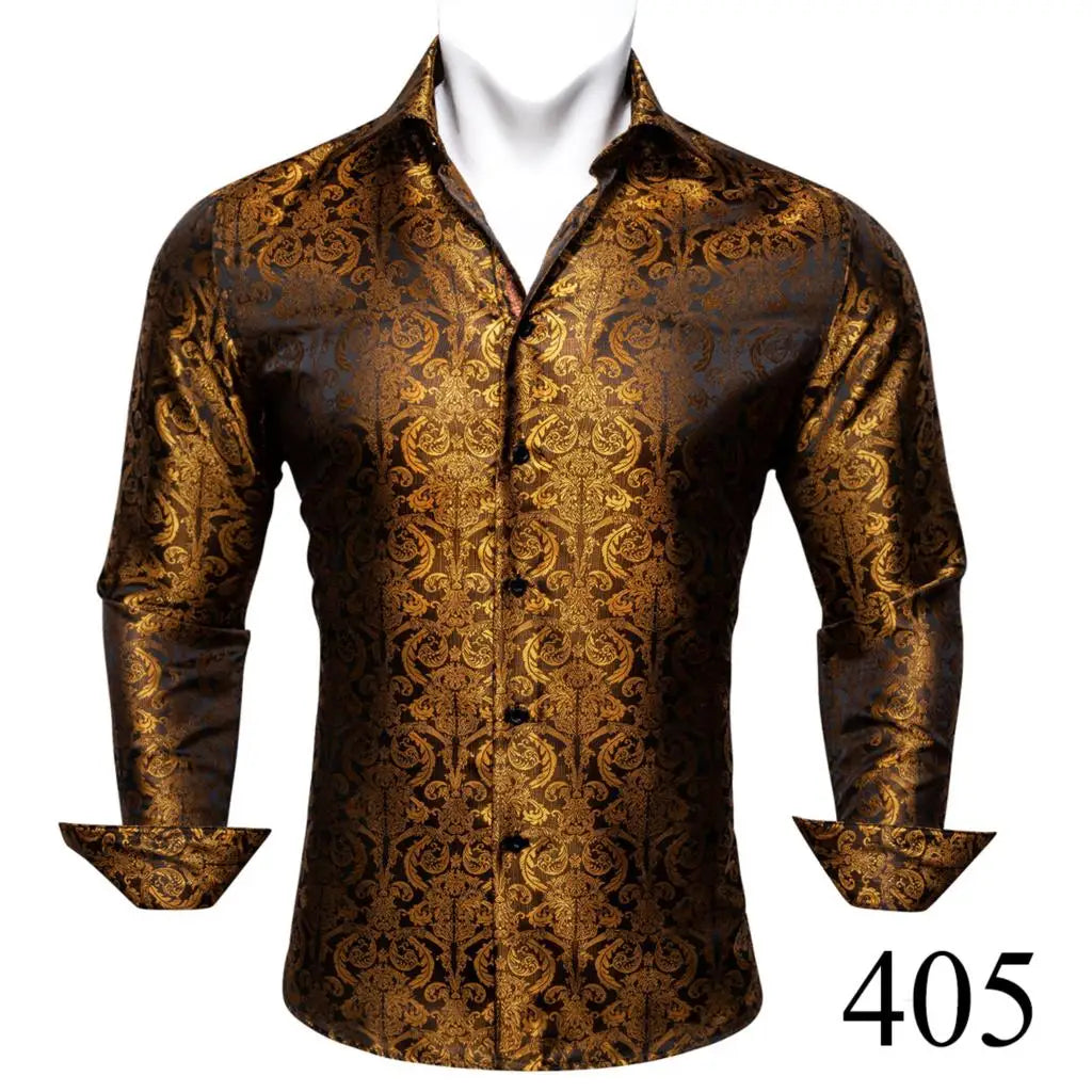 Camisas clásicas negras estampadas y bordadas para hombre, solapa de seda, manga larga, corte formal exquisito, ideales para eventos de negocios y fiestas. Barry.Wang CY-0407