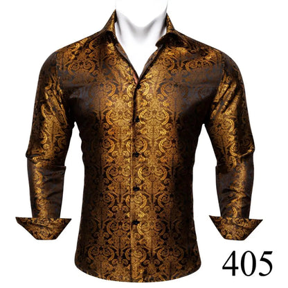 Camisas clásicas negras estampadas y bordadas para hombre, solapa de seda, manga larga, corte formal exquisito, ideales para eventos de negocios y fiestas. Barry.Wang CY-0407