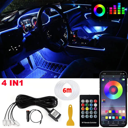Tira de luces LED para ambiente interior de coche, RGB, fibra óptica, iluminación de neón con control remoto por aplicación, lámparas decorativas para coche