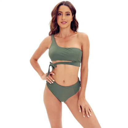 Bikini de un solo hombro para mujer, traje de baño dividido, color liso, traje de baño de playa de verano, traje de baño para mujer