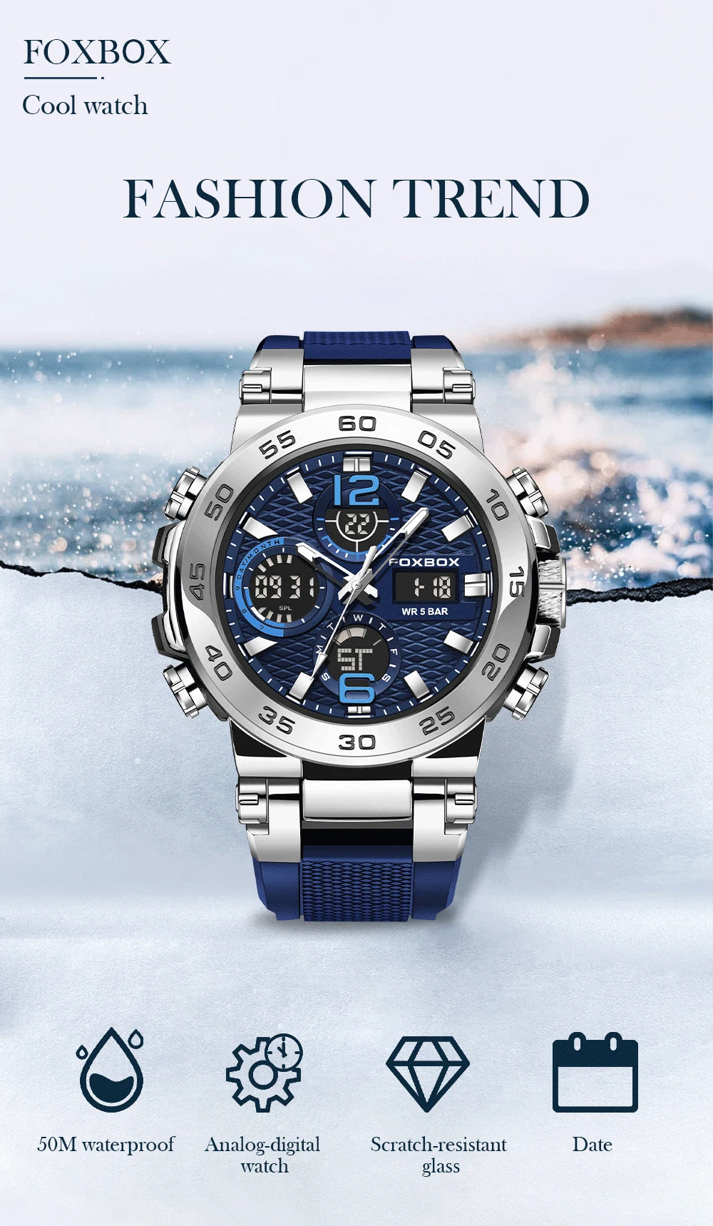 Reloj de pulsera deportivo para hombre FOXBOX Fashion Luxury Quartz, militar, impermeable, con doble pantalla, cronógrafo luminoso + CAJA