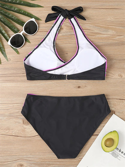 Conjunto de bikini con cuello en V 2024 para mujer, traje de baño de verano con estampado de rayas y patchwork, ropa de playa, traje de baño para mujer, talla 2XL