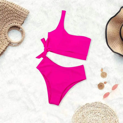 Bikini de un solo hombro para mujer, traje de baño dividido, color liso, traje de baño de playa de verano, traje de baño para mujer