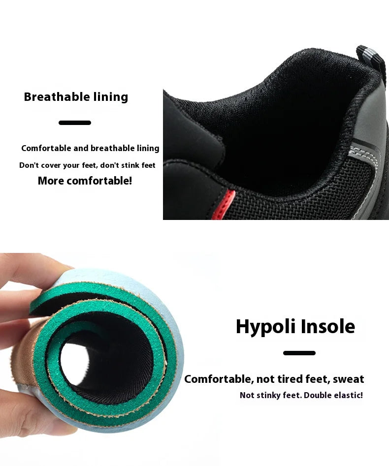 Zapatos de seguridad tipo zapatillas ligeras y transpirables con puntera de acero, diseño antiperforación, amortiguación de impactos y protección antiaplastamiento, calzado de trabajo para hombre.