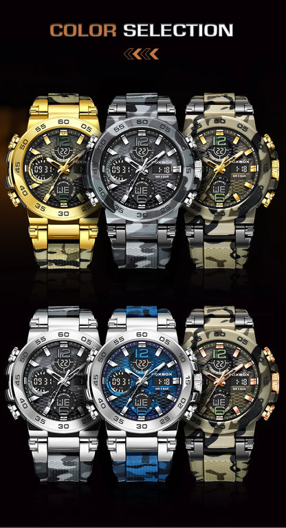 FOXBOX Reloj digital a prueba de golpes para hombre, estilo militar, camuflaje, resistente al agua hasta 5 ATM, relojes electrónicos a prueba de golpes, estilo táctico.