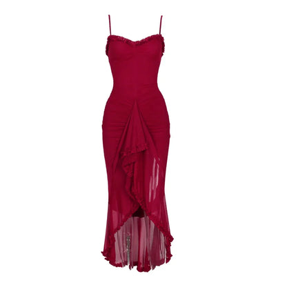 Vestidos de fiesta de malla irregular Suninheart 2024, nuevos modelos, vestido ajustado con tirantes finos, vestido largo fruncido de moda para mujer.