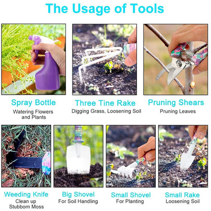 Juego de herramientas para jardinería, plantación, estampado floral, tijeras, aerosol, desmalezadora, podadora, pulverizador, herramientas manuales de jardinería.