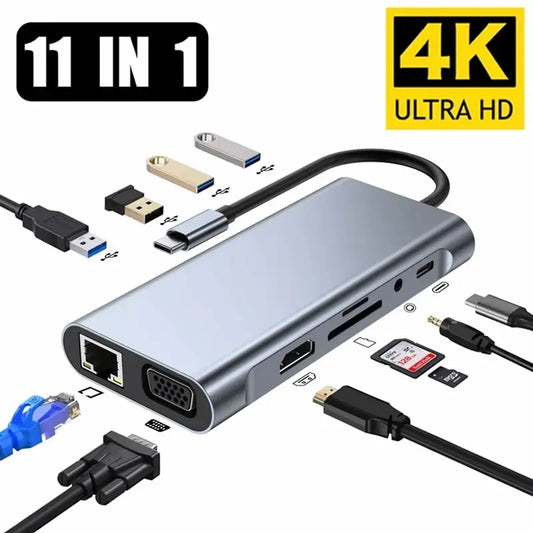 Hub USB-C 11 en 1 para MacBook Air Pro, compatible con USB-C a HDMI, USB 3.0 y RJ45. Base de 11 puertos con PD, TF, SD, AUX y divisor 3.0.