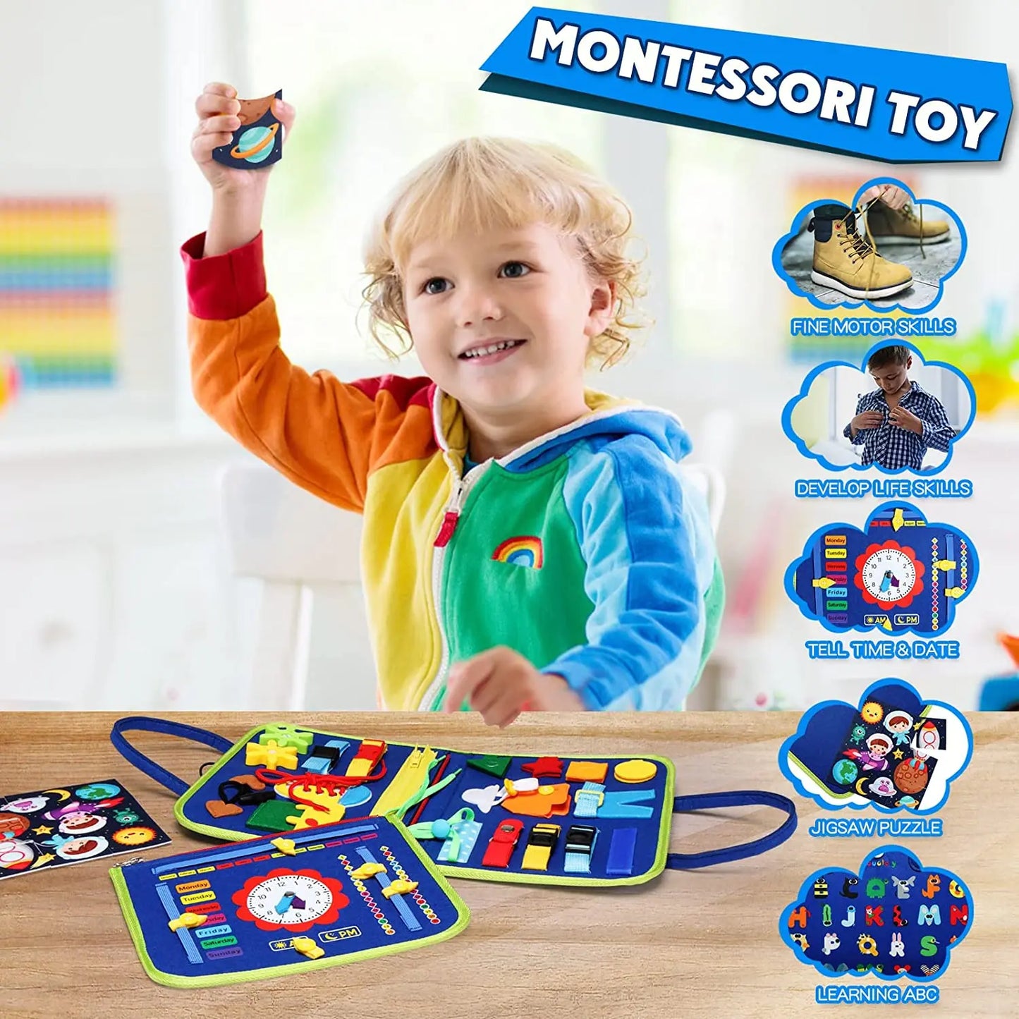 Tablero de actividades sensoriales Montessori Toys para desarrollar habilidades motoras, tablero de aprendizaje para niños pequeños, regalo de Navidad.