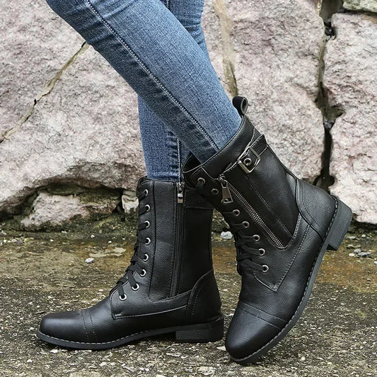 Botines de tacón cuadrado para mujer, botas de trabajo cortas de piel sintética para otoño e invierno, botas elásticas con cordones de talla grande para mujer 2024