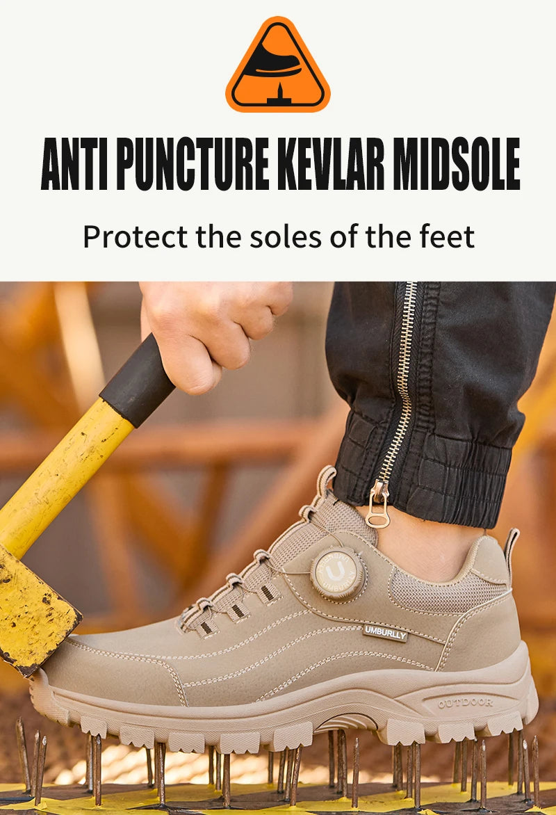 Calzado de seguridad para hombre con diseño de botones, puntera de acero, resistente a la compresión y suela antideslizante para trabajo en exteriores y talleres.