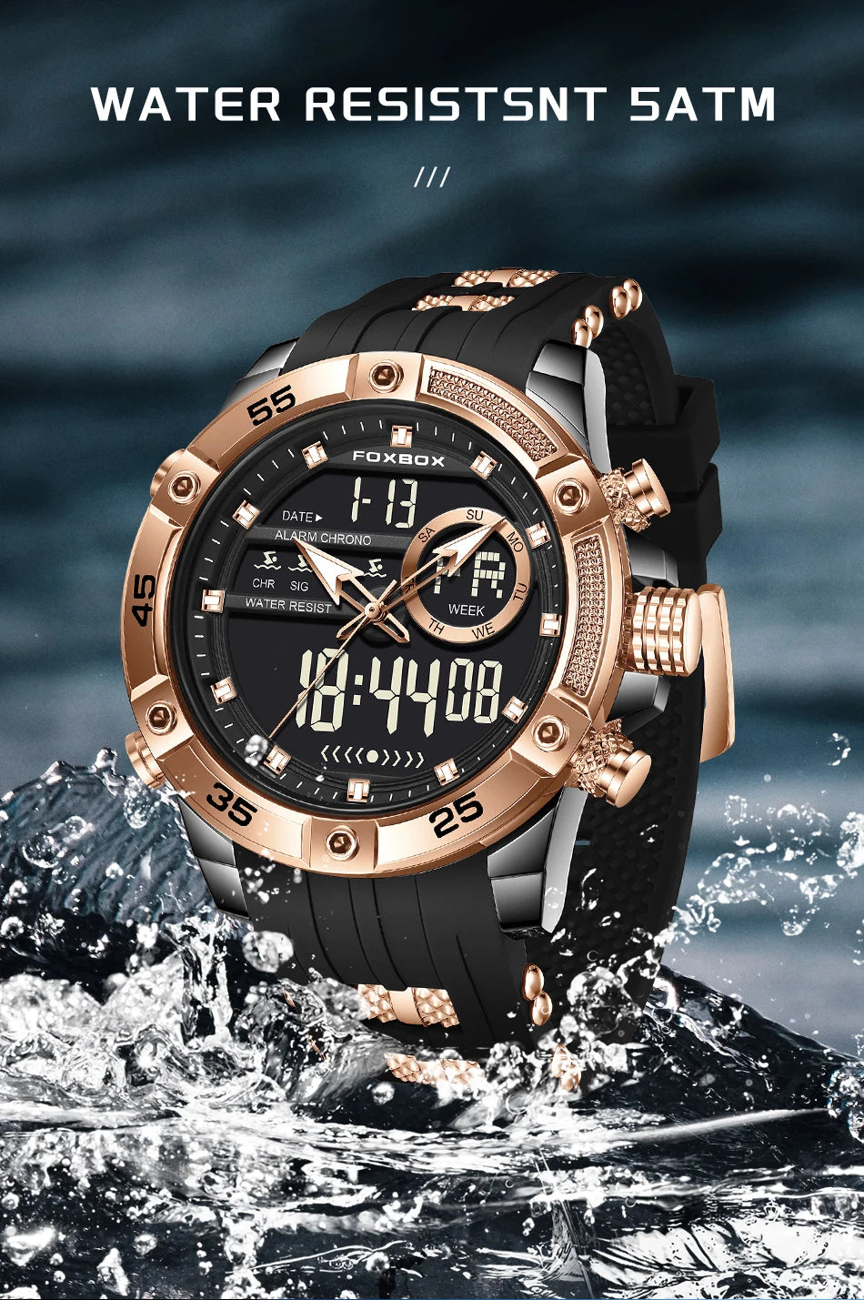 Reloj de pulsera de cuarzo de lujo FOXBOX para hombre, deportivo, impermeable, con doble pantalla, LED digital militar, de acero, para negocios + caja.