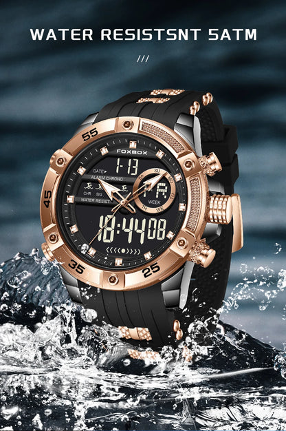 Reloj de pulsera de cuarzo de lujo FOXBOX para hombre, deportivo, impermeable, con doble pantalla, LED digital militar, de acero, para negocios + caja.