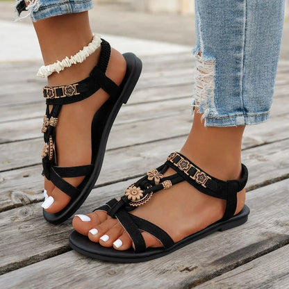 Sandalias romanas de suela plana para mujer, zapatos informales con hebilla de talla grande para exteriores, para verano de 2025