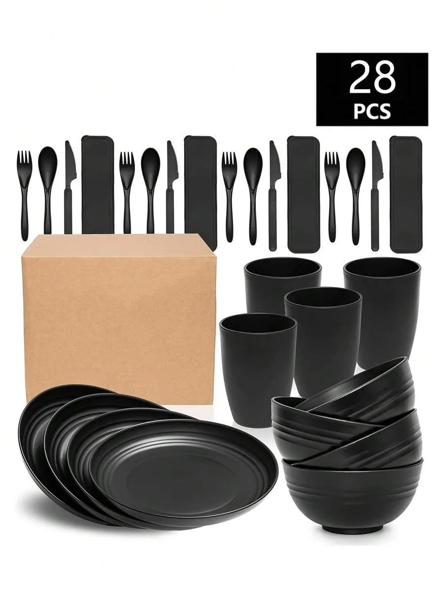 Juego de vajilla de plástico PP de 7/28 piezas, reutilizable, plato de cena, tazón de cereal, taza, juego de cubiertos para reuniones de fiestas en hoteles en casa