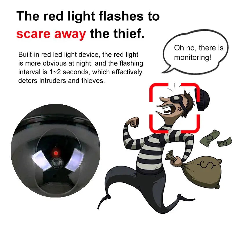 Cámara de seguridad domo falsa con luz LED roja, funciona con pilas y no requiere cableado. Ideal para interiores y exteriores.