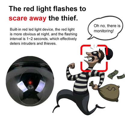 Cámara de seguridad domo falsa con luz LED roja, funciona con pilas y no requiere cableado. Ideal para interiores y exteriores.