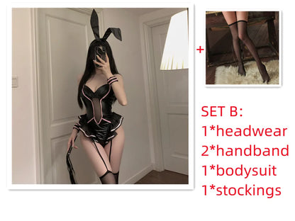 NEW Bunny Girl Cosplay Costume PU Leather One Piece Bodysuit Sexy Black Pink Rabbit Suit Kawaii Ears Anime Outfit for Women