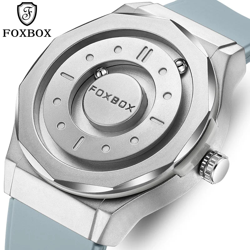 FOXBOX Reloj impermeable para hombre, marca de moda superior, de lujo, con puntero de desplazamiento y fuerza magnética, relojes de pulsera de cuarzo para hombre, Montre Homme