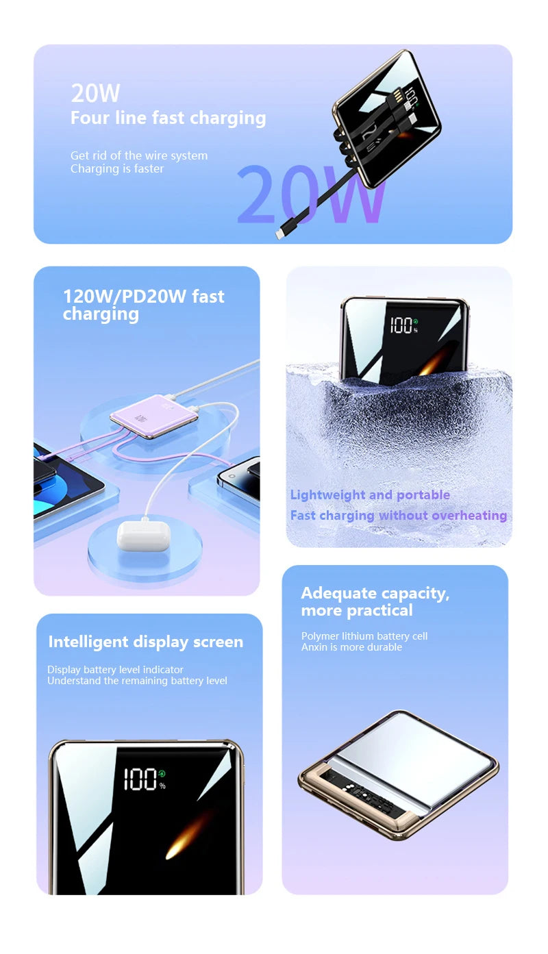 Xiaomi - Mini banco de energía de 500.000 mAh, gran capacidad, carga súper rápida, batería externa con 4 cables integrados para iPhone, Samsung y Xiaomi.