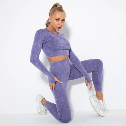 Conjunto de gimnasio con top corto sin costuras para mujer, conjunto de entrenamiento de yoga, ropa deportiva, leggings push up, chándal