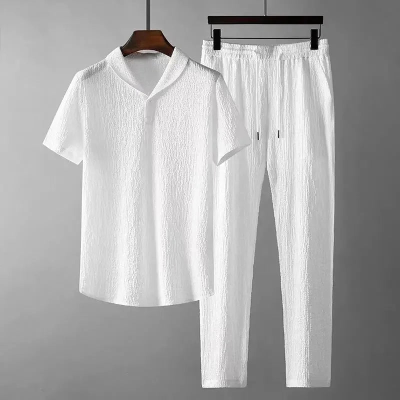 Conjunto de polo informal para hombre, moda de verano, manga corta plisada, cuello vuelto, traje de dos piezas, ropa ligera para hombre