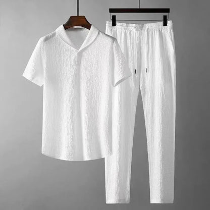 Conjunto de polo informal para hombre, moda de verano, manga corta plisada, cuello vuelto, traje de dos piezas, ropa ligera para hombre