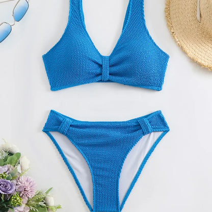 Nuevo traje de baño de dos piezas de bikini 2025, color puro, alta elasticidad, monocromático, ajuste cómodo, ropa de playa para mujer.