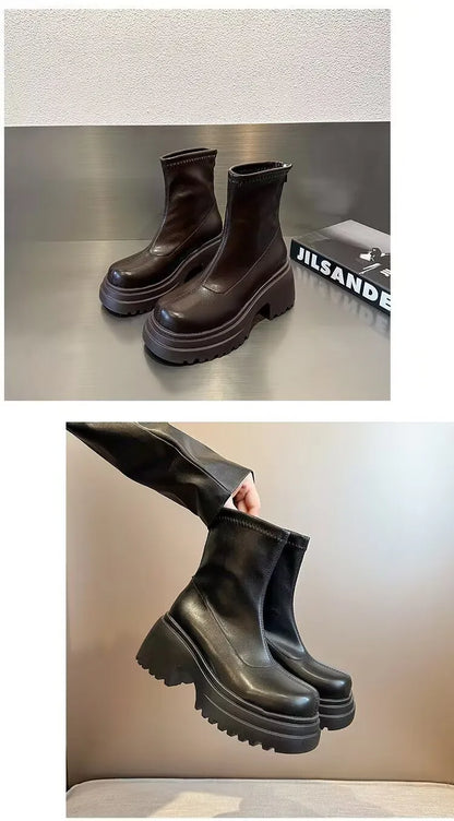 Botines con plataforma para mujer, con aumento de altura, elásticos, adelgazantes, modernos, para otoño e invierno