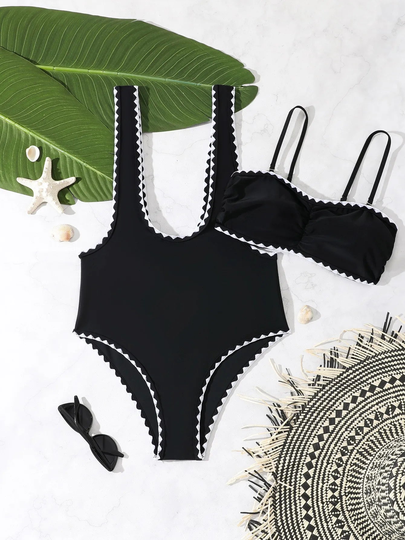 Vigoashely 2025 Sexy Black Two Piece Swimwear Women Push UP Hollow One Piece Swimsuit Monokini Backless Beach Lady Bathing Suit