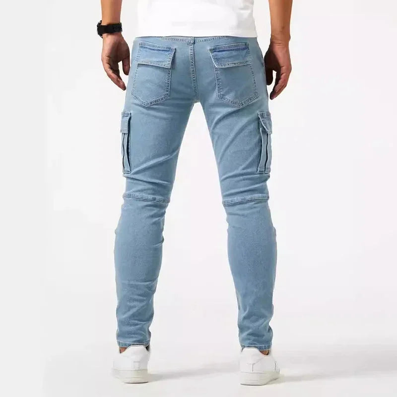 Pantalones vaqueros casuales de hombre, estilo lápiz, elásticos, con múltiples bolsillos, corte ajustado, estilo urbano, lavado liso, cintura media, estilo cargo.