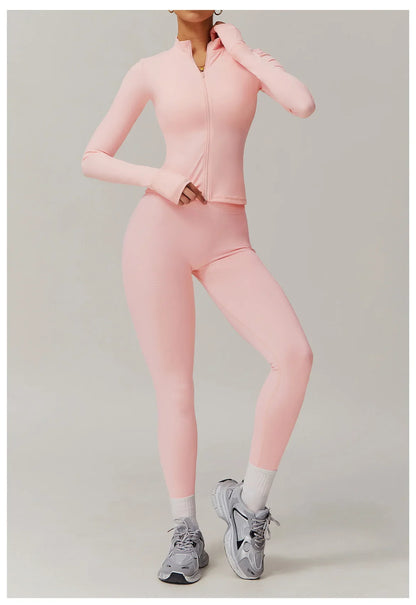 Conjunto deportivo de 2 piezas para mujer, chándal para correr, entrenamiento, con cremallera, pantalones cortos de manga larga, ropa de yoga, ropa deportiva