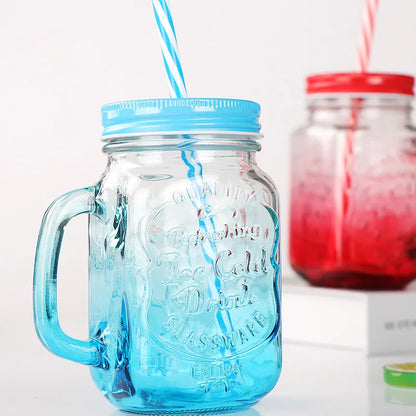 Jarra de vidrio de 480 ml, 500 ml y 16 oz con tapa de hierro y pajita de plástico, cuadrada, con degradado de color.