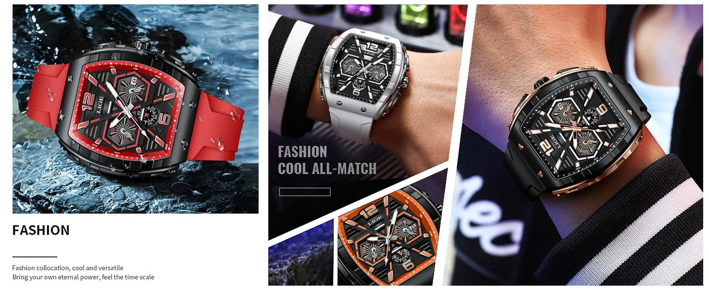 Relojes LIGE de primera marca para hombre, reloj de pulsera de cuarzo cuadrado de lujo, reloj cronógrafo luminoso resistente al agua para hombre, reloj con fecha