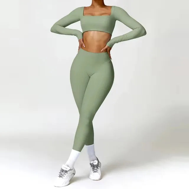 Conjunto deportivo de 2 piezas para mujer, de secado rápido, para gimnasio, chándal para correr, entrenamiento, camiseta deportiva de manga larga, ropa de yoga